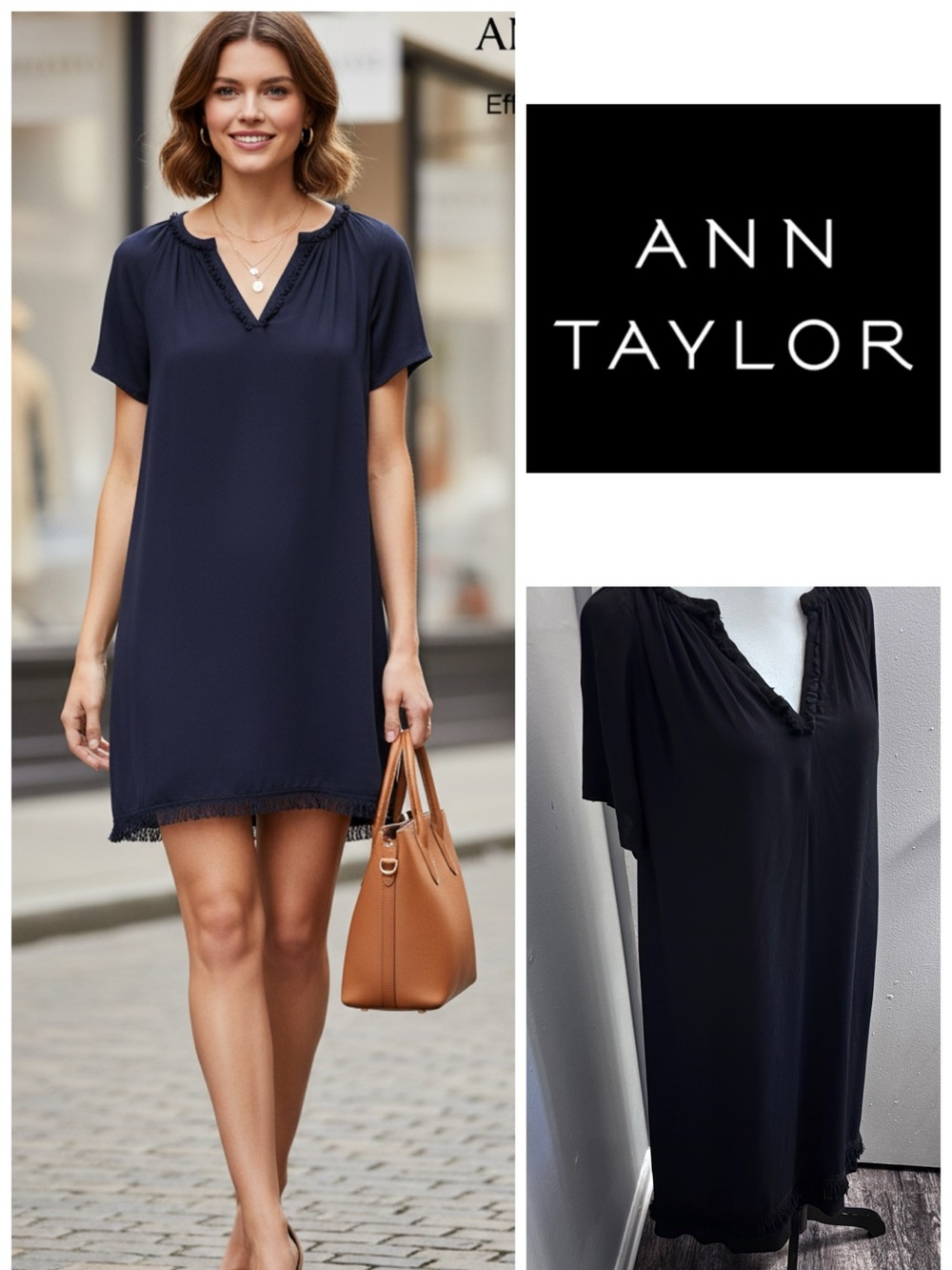 Ann Taylor Navy Shift Dress with Delicate Trim